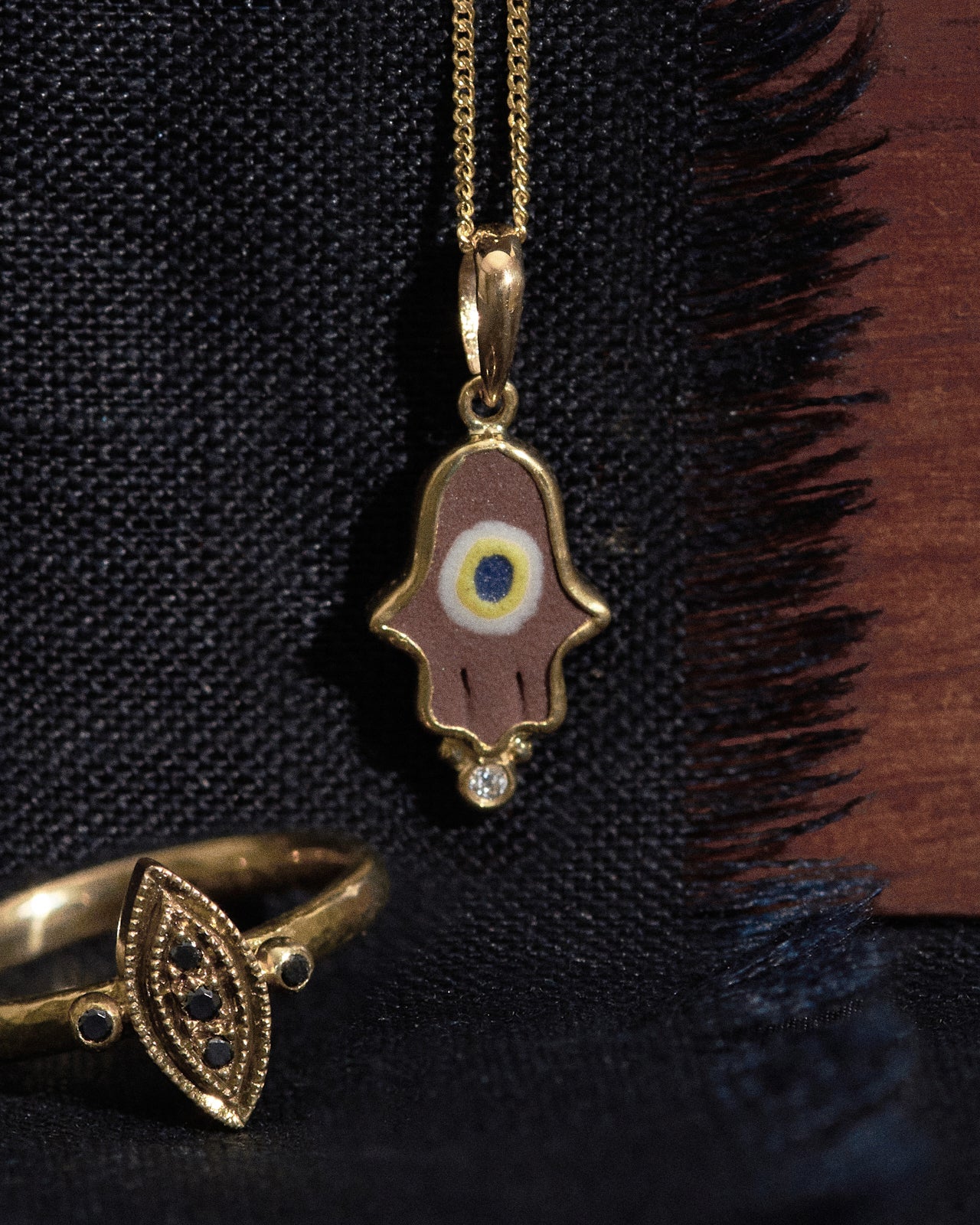 Hamsa Rust Necklace White Diamond Solid Gold