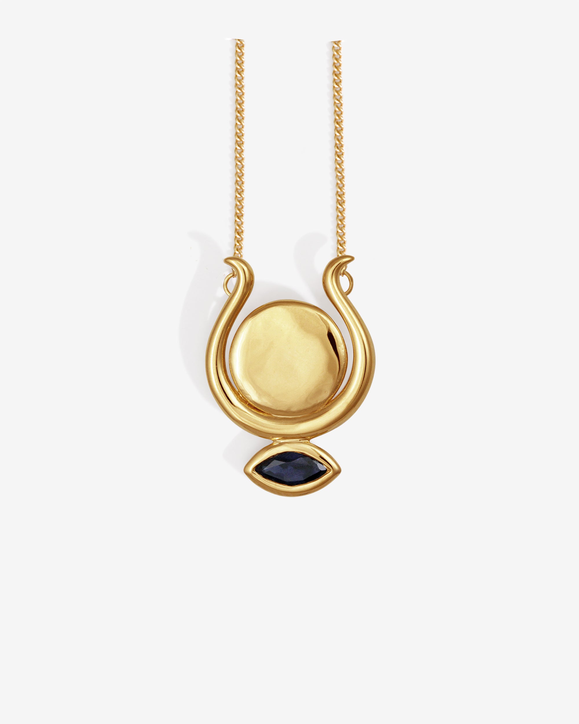 Gold necklace with a pendant featuring a blue gemstone on a white background