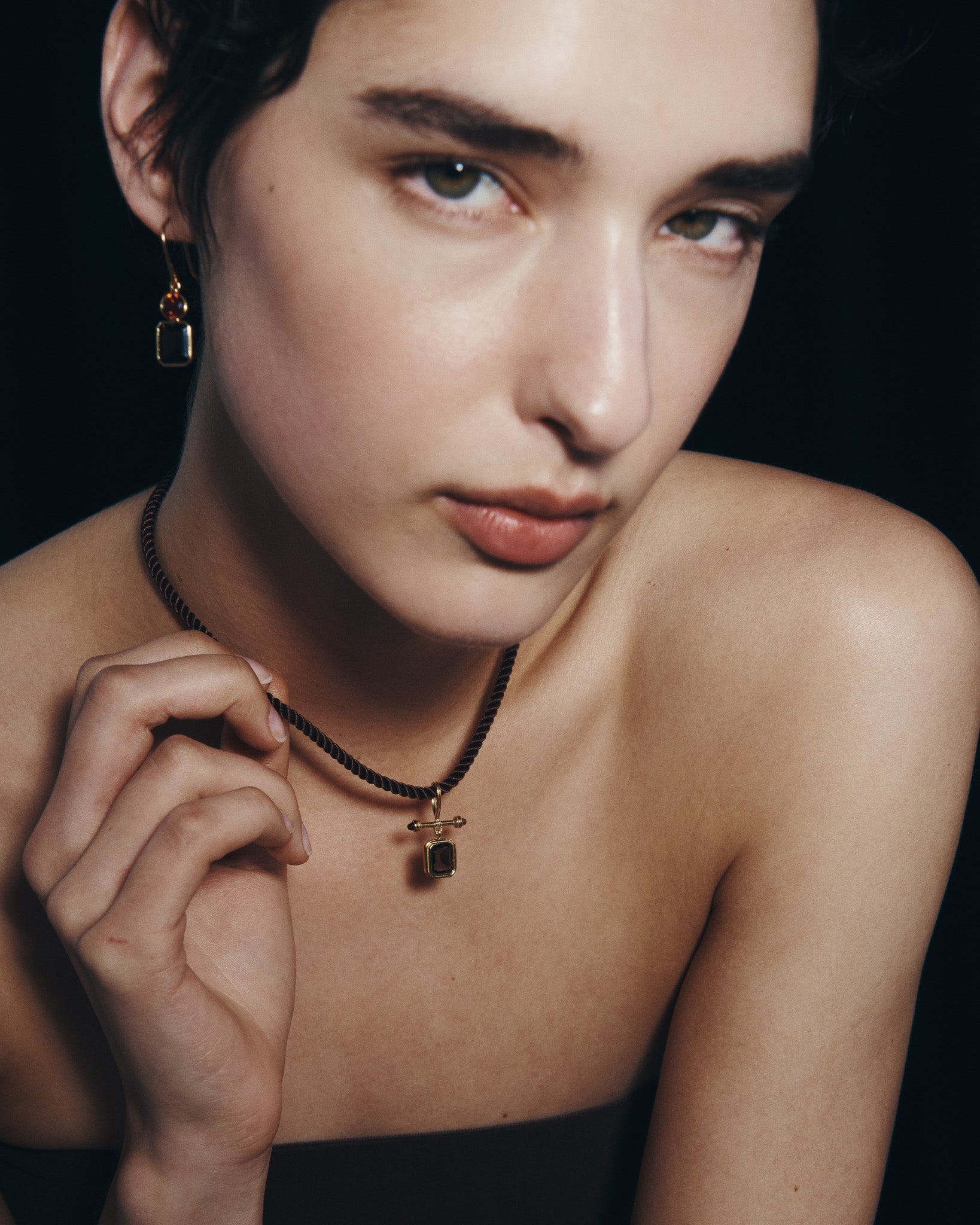 Umber Earrings and Umber Necklace in Gold Vermeil, worn