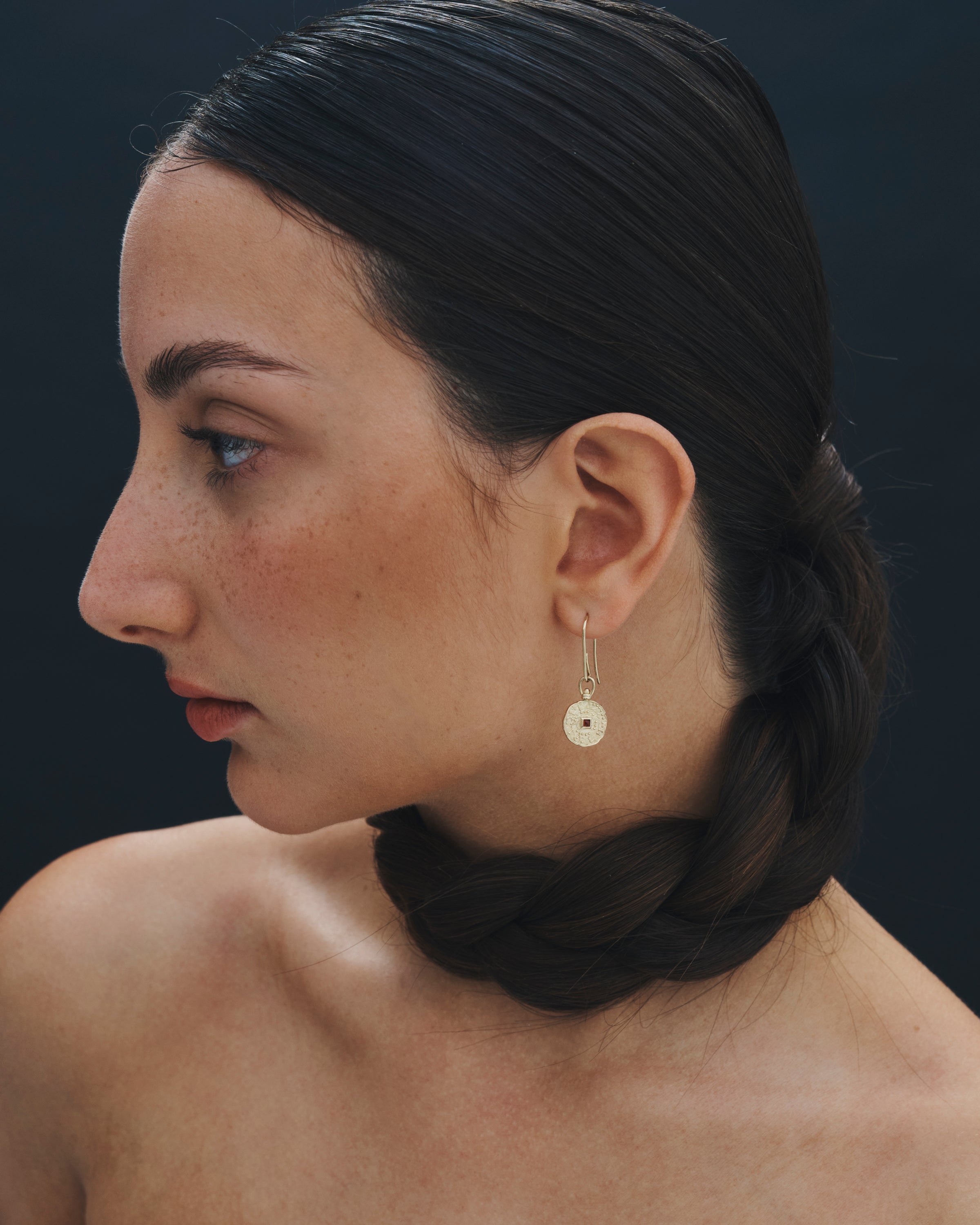 Temple of the Sun Atlantis Coin Earrings Garnet Solid Gold