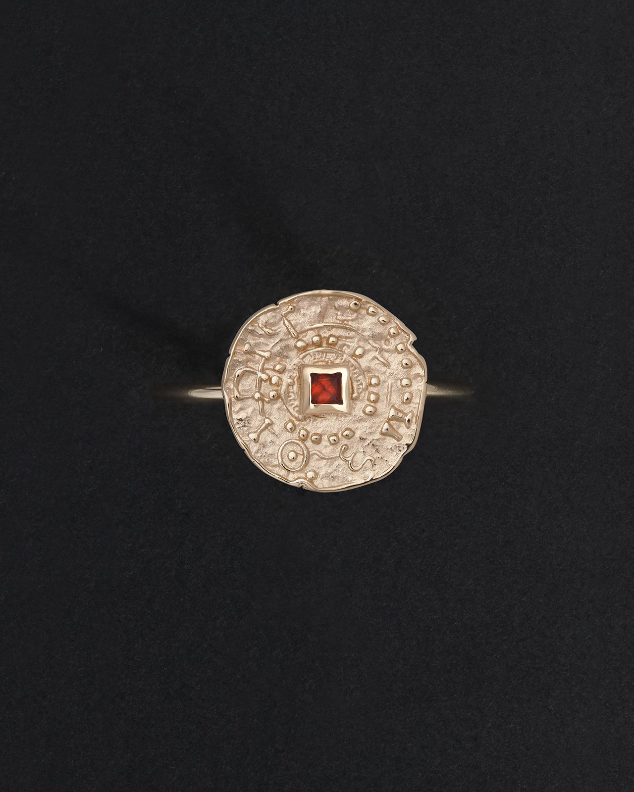 Temple of the Sun Atlantis Coin Ring Garnet Solid Gold