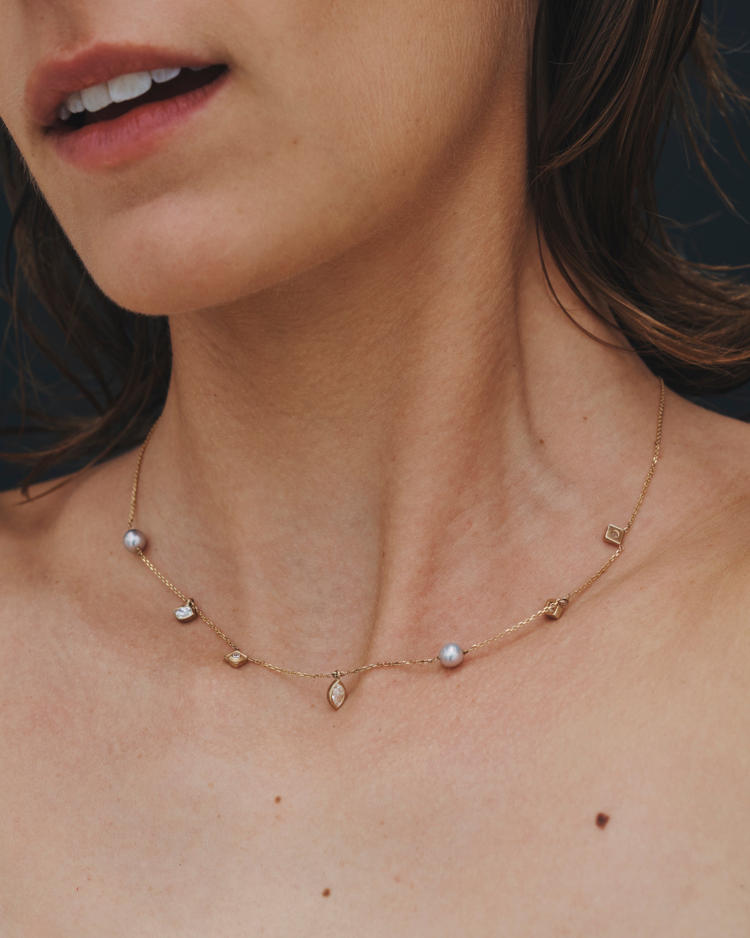 Temple of the Sun Mer Station Necklace Pearl Diamond Solid Gold