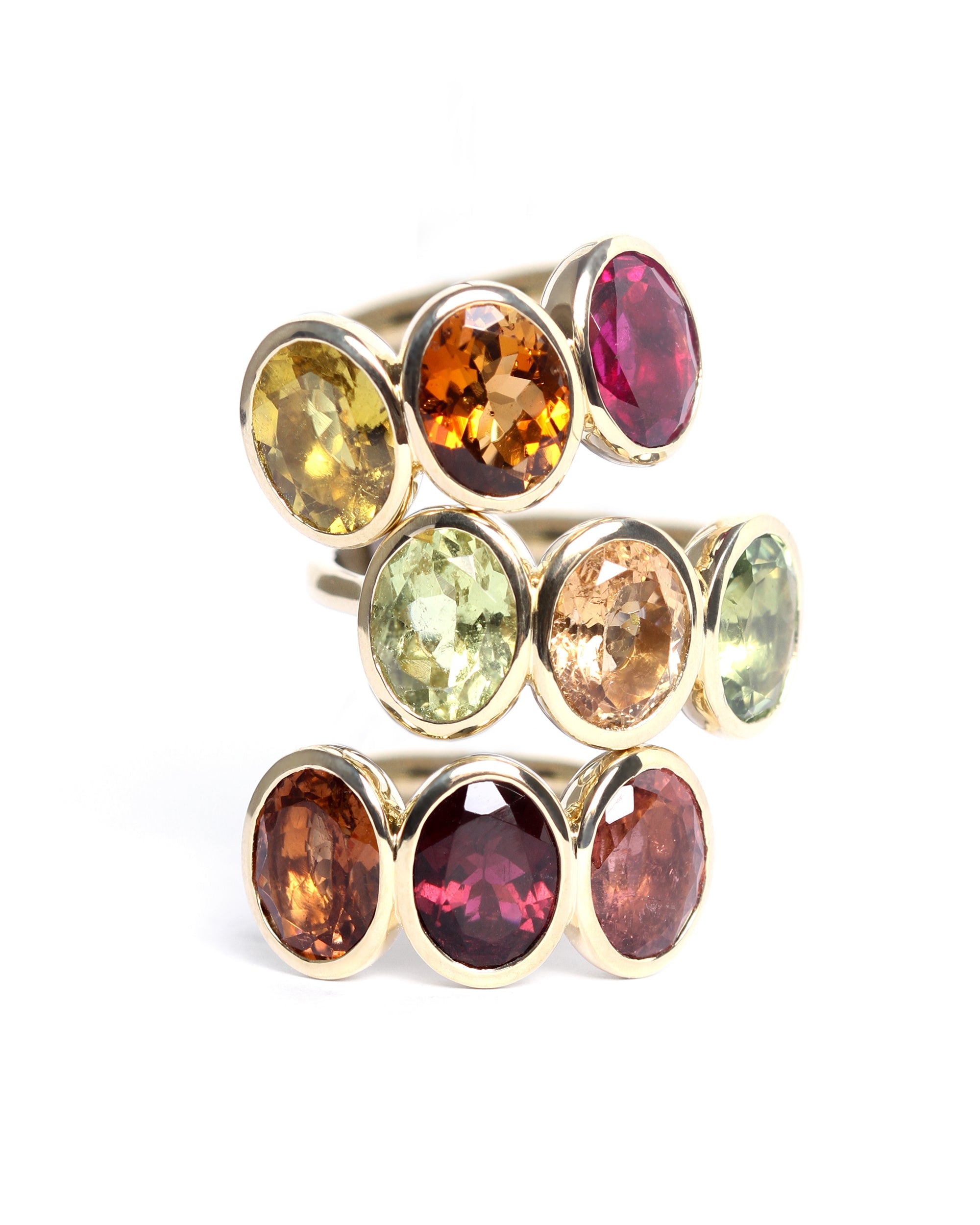 beloved trilogy rings - colourful gemstone rings stacked