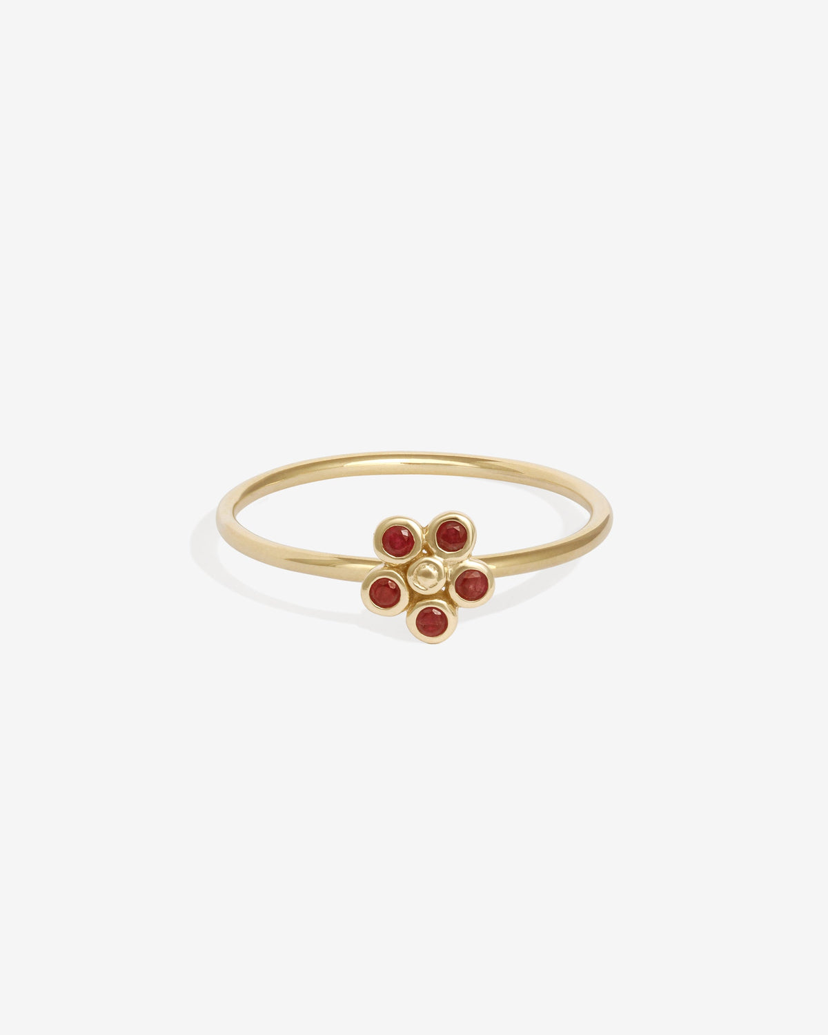 Daisy Ruby Ring Solid Gold, a daisy of five rubies on a fine band