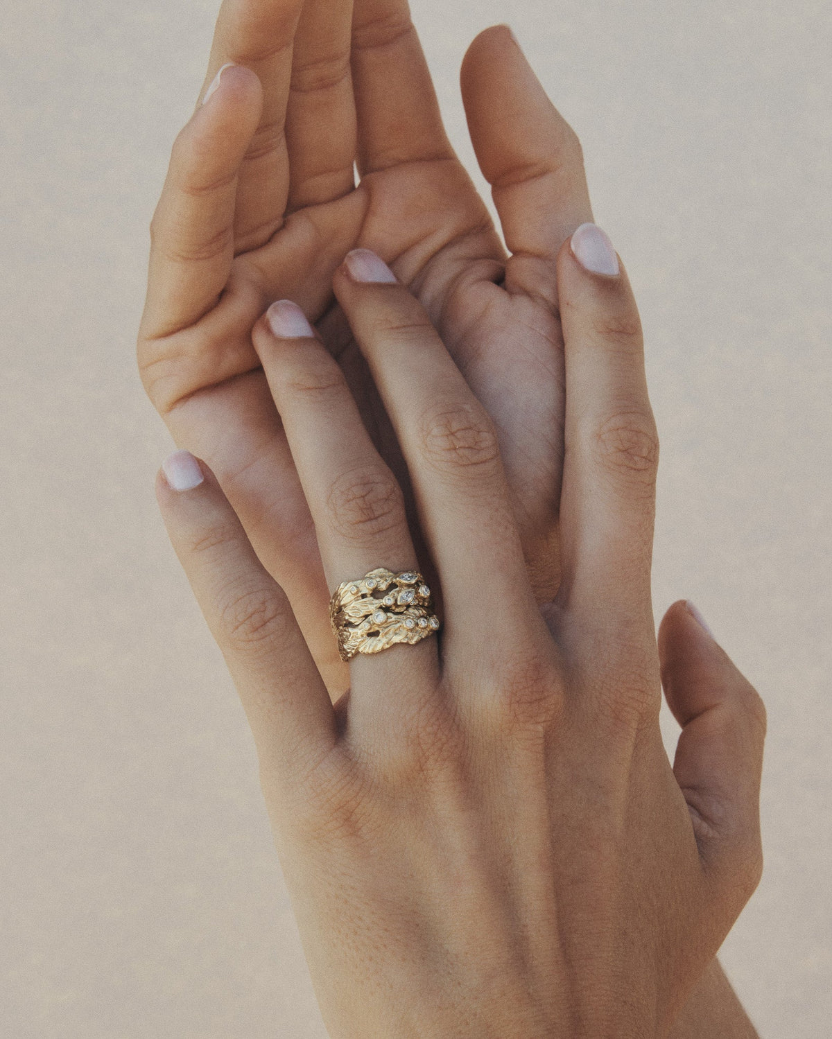 Gaia I and Gaia II Diamond Rings in solid gold, worn on the hand