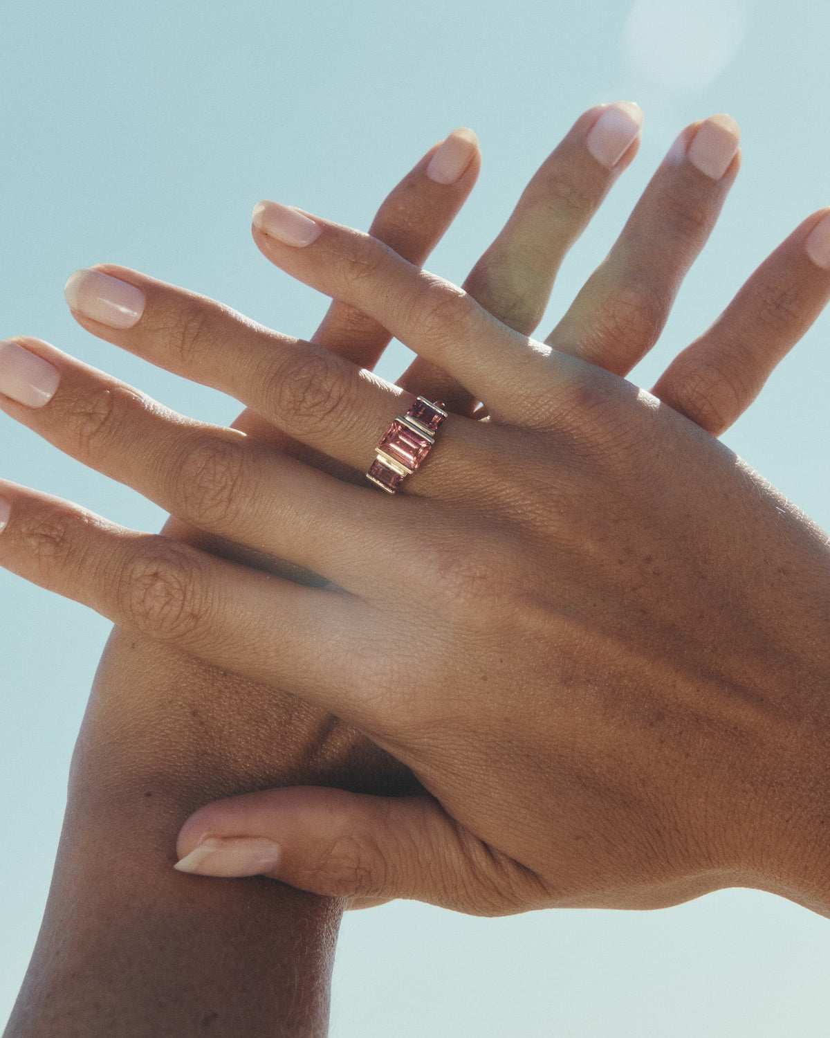 Ines Pink Tourmaline Trilogy Ring Solid Gold, worn on the hand