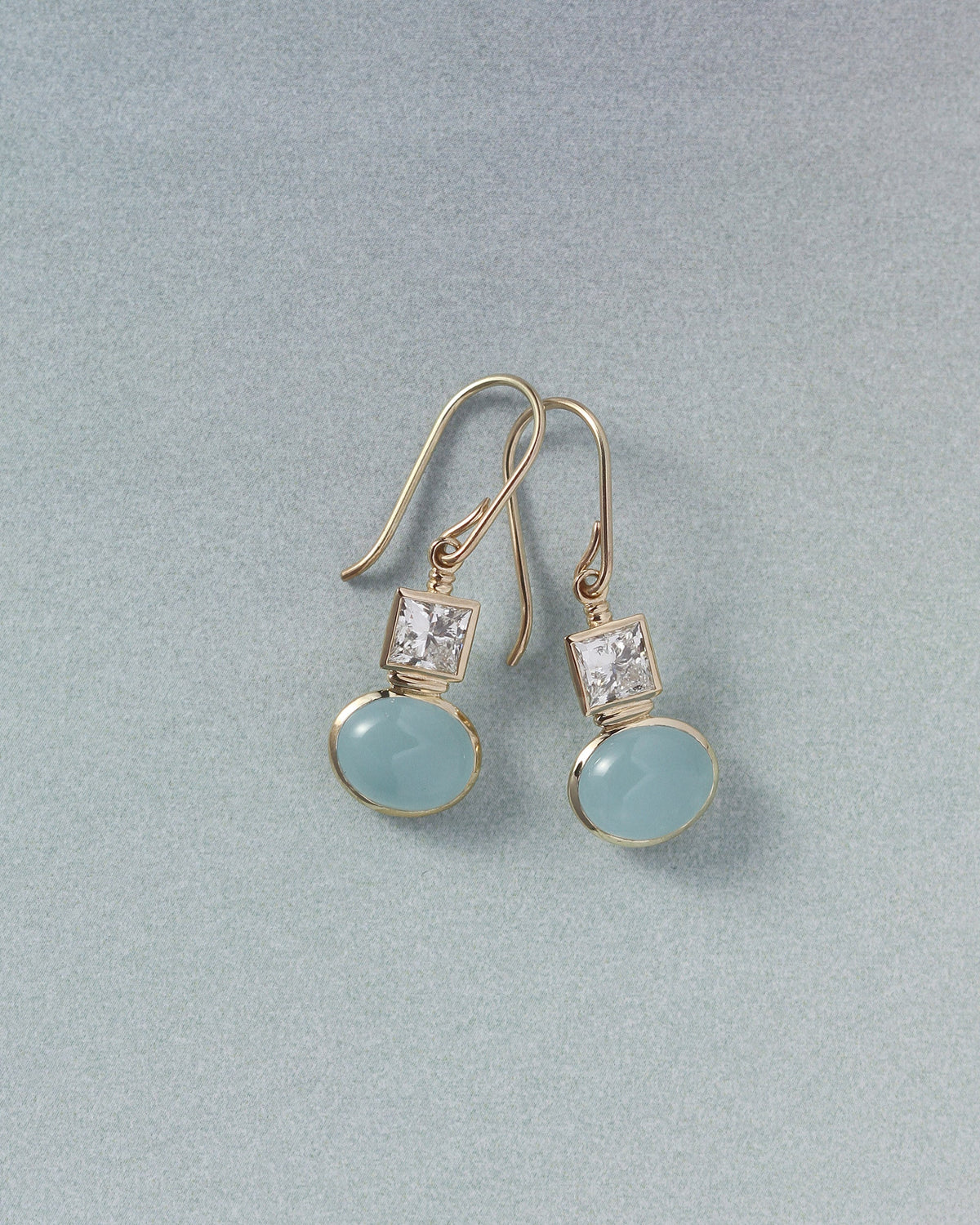 Mara Diamond and Aquamarine Earrings Solid Gold, flatlay
