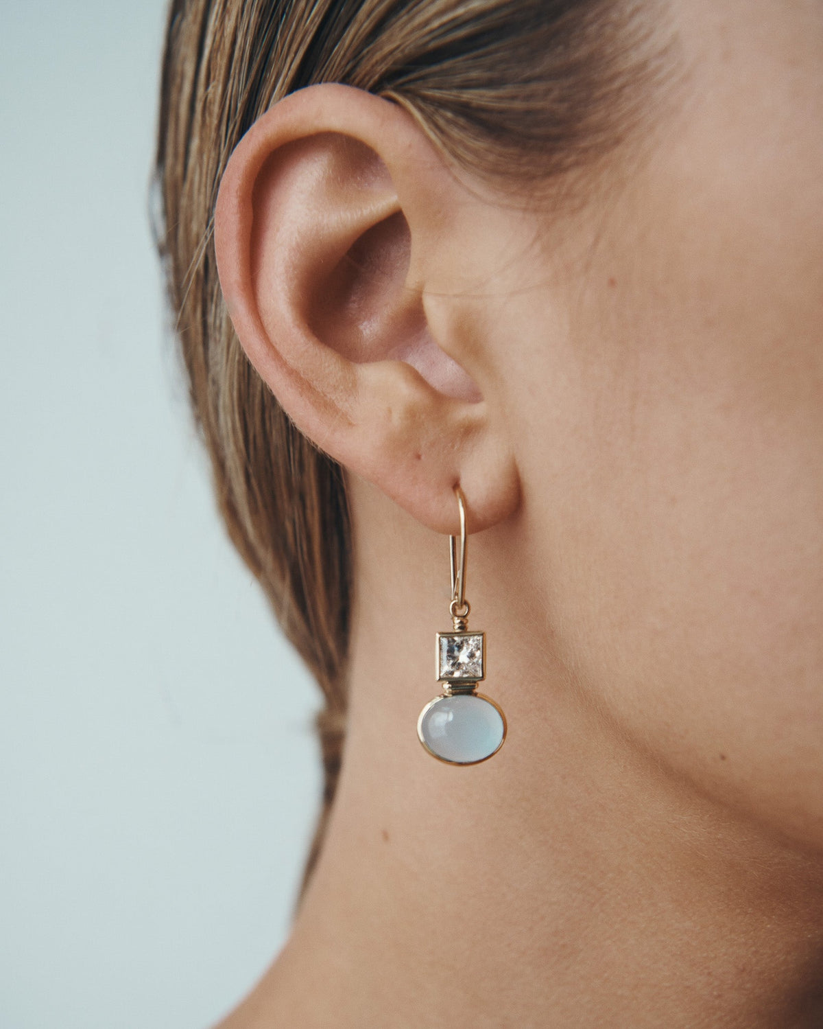 Mara Diamond and Aquamarine Earrings Solid Gold, worn