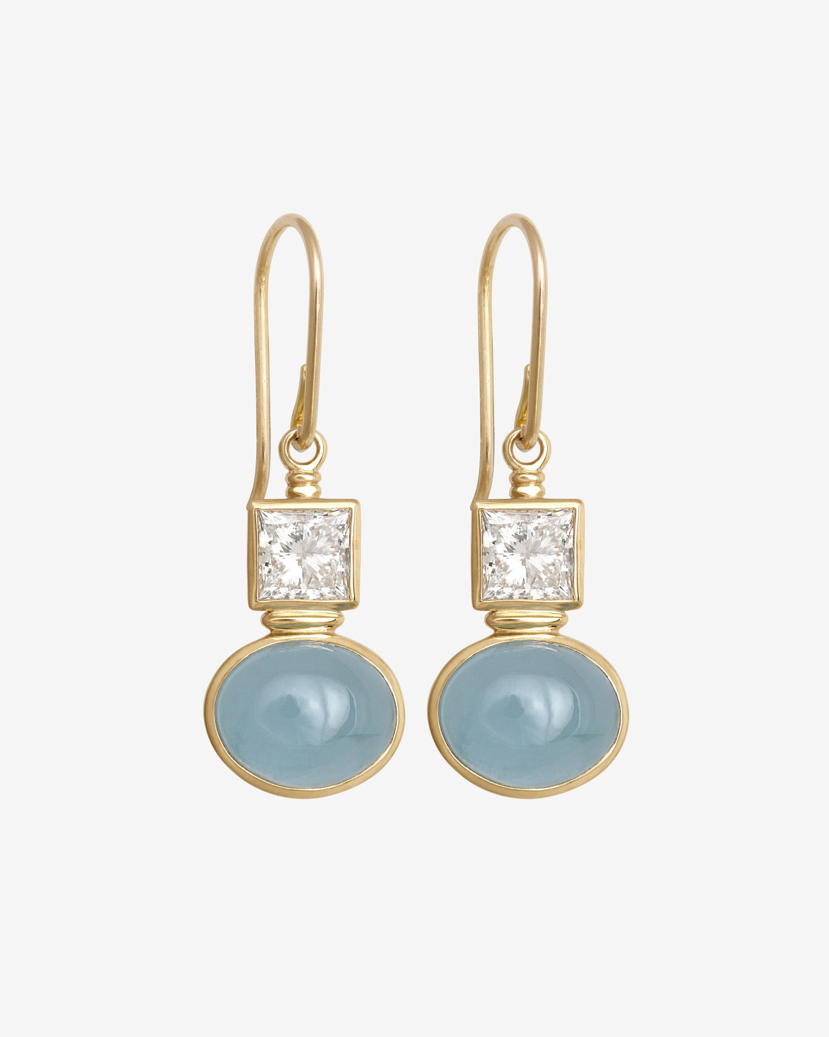 Mara Diamond and Aquamarine Earrings Solid Gold set with a princess-cut diamond and aquamarine