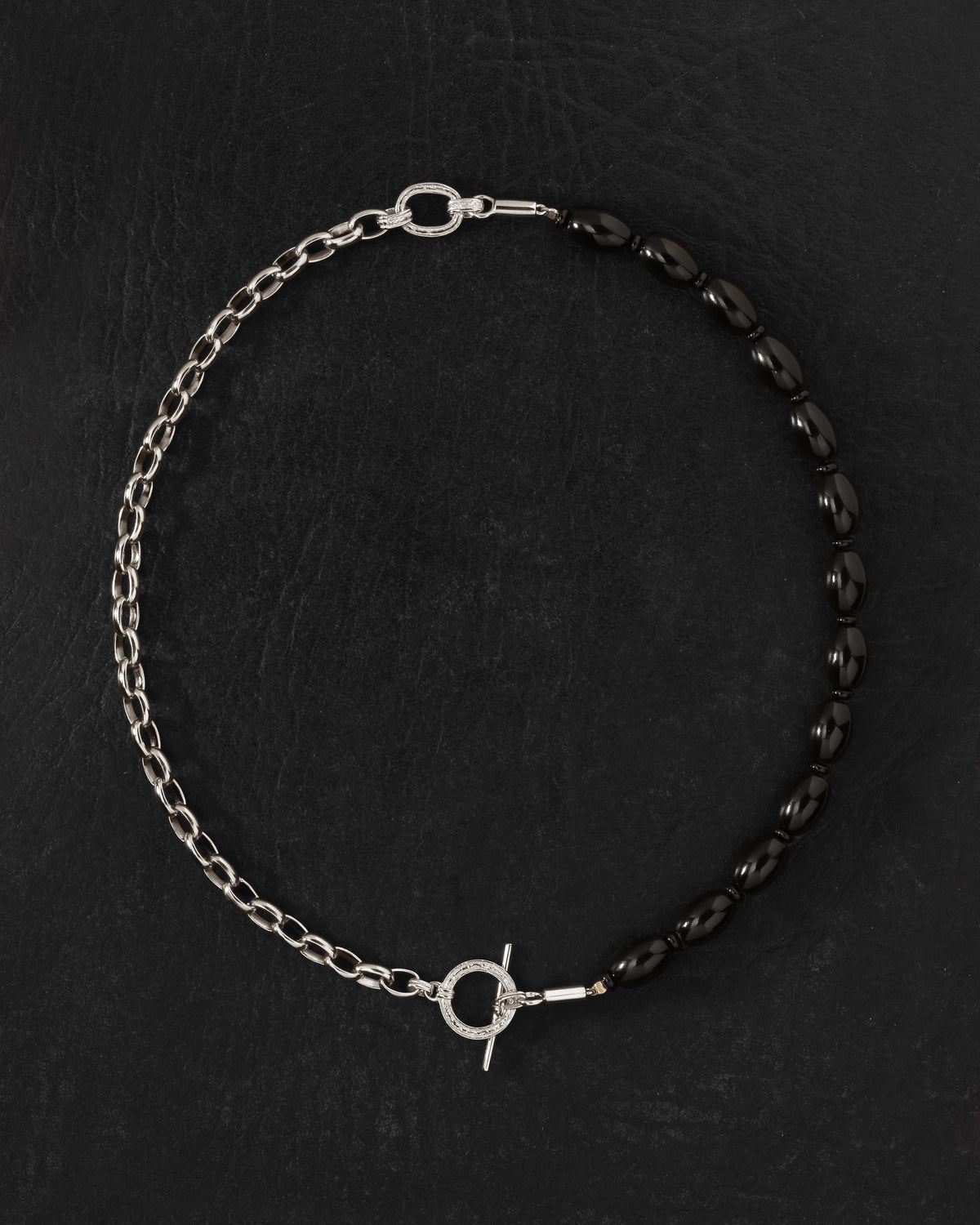Sita Beaded Necklace Silver on dark leather