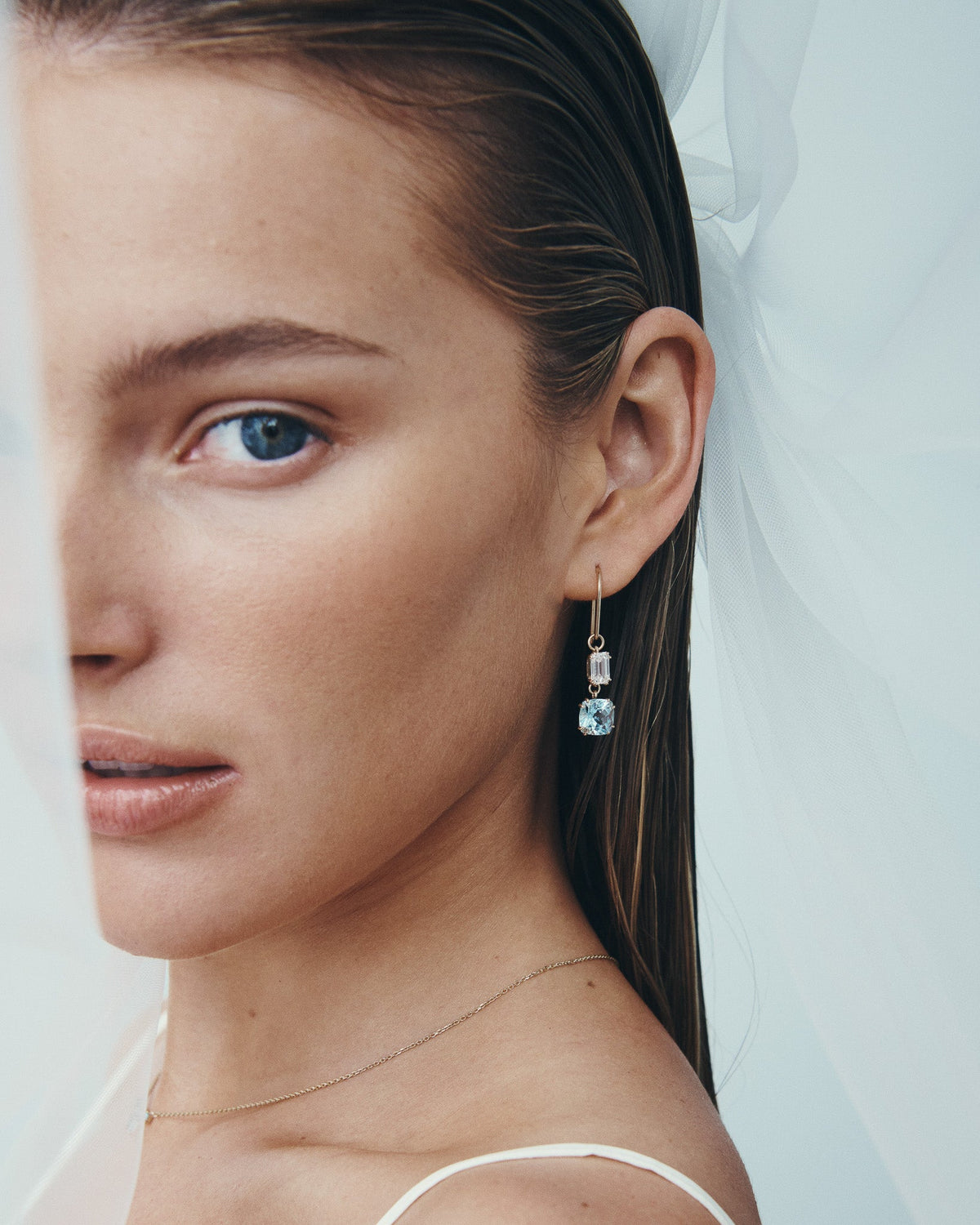 Sky Diamond and Aquamarine Earrings Solid Gold, worn