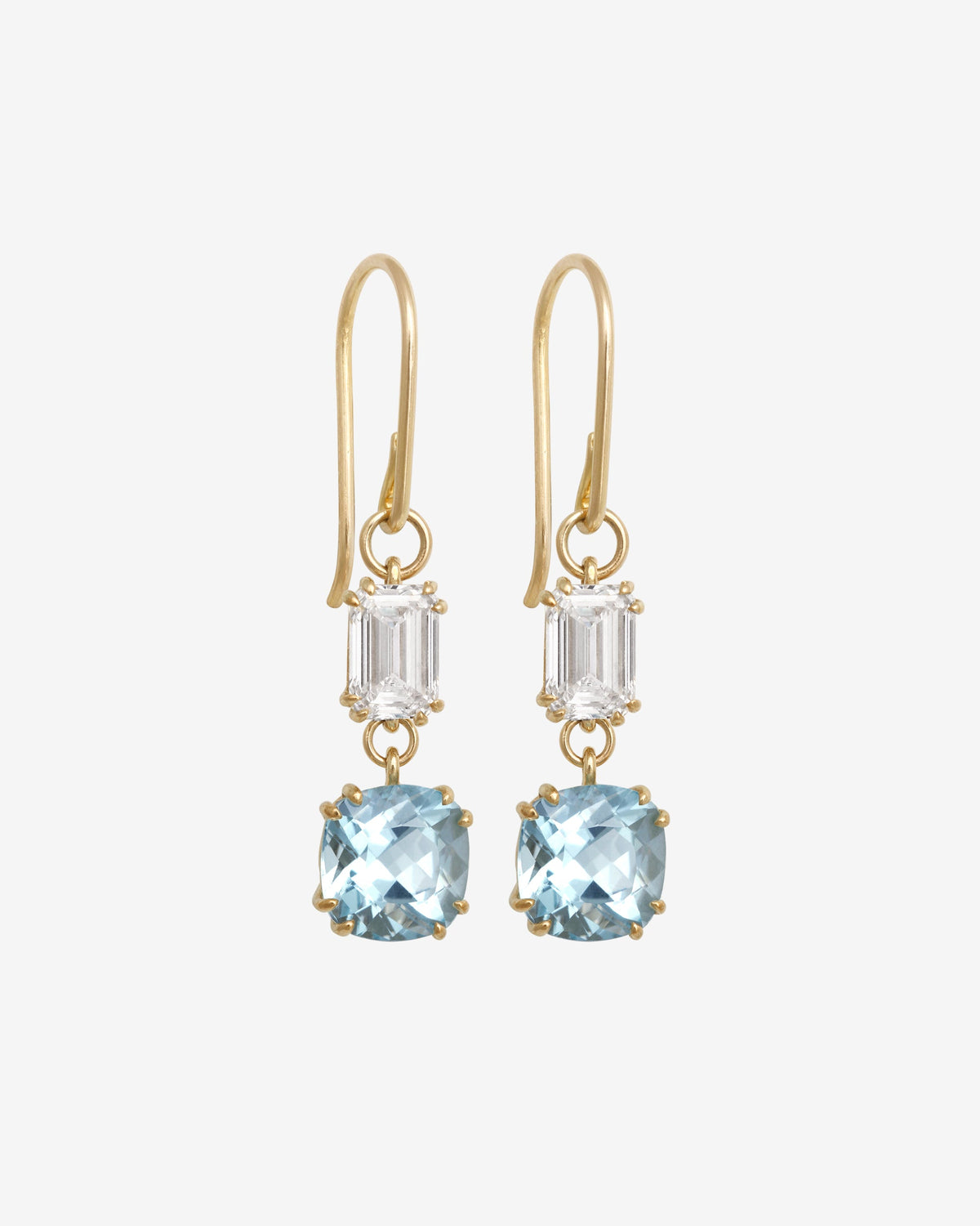 Sky Diamond and Aquamarine Earrings Solid Gold set with an emerald-cut diamond and cushion aquamarine