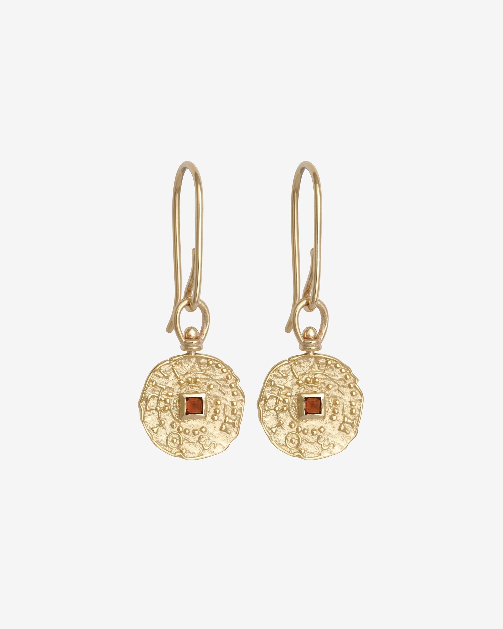 Temple of the Sun Atlantis Coin Earrings Garnet Solid Gold