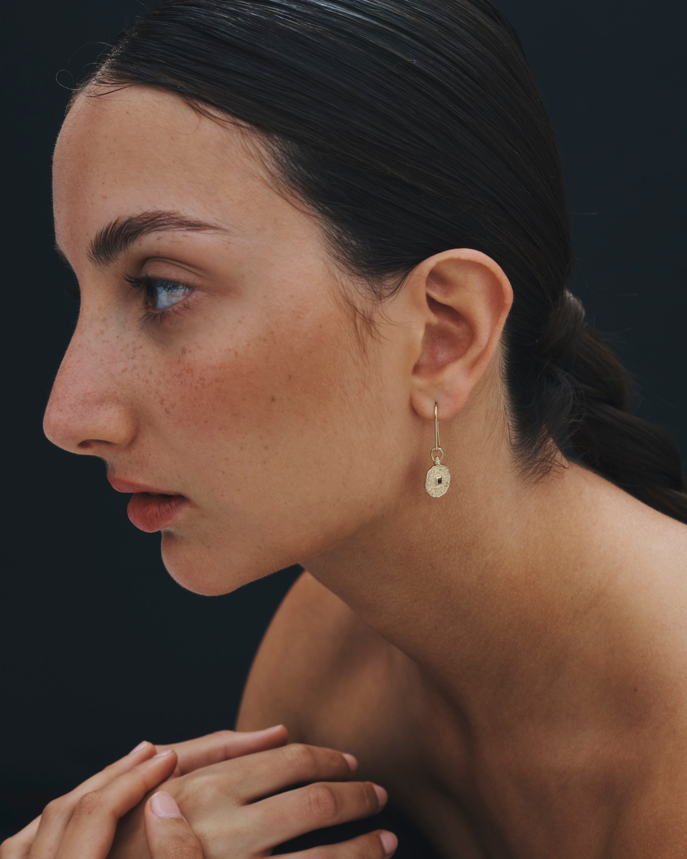 Temple of the Sun Atlantis Coin Earrings Garnet Solid Gold