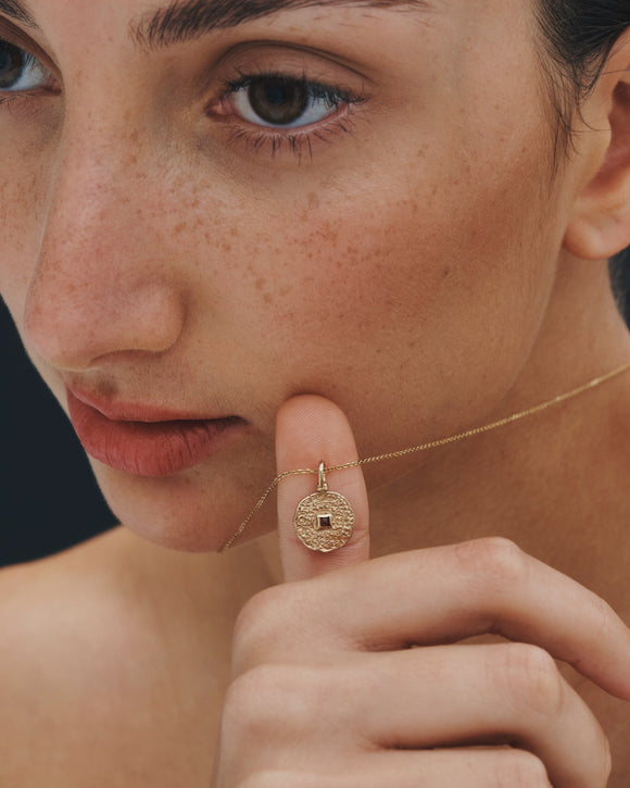 Temple of the Sun Atlantis Coin Necklace Garnet Solid Gold