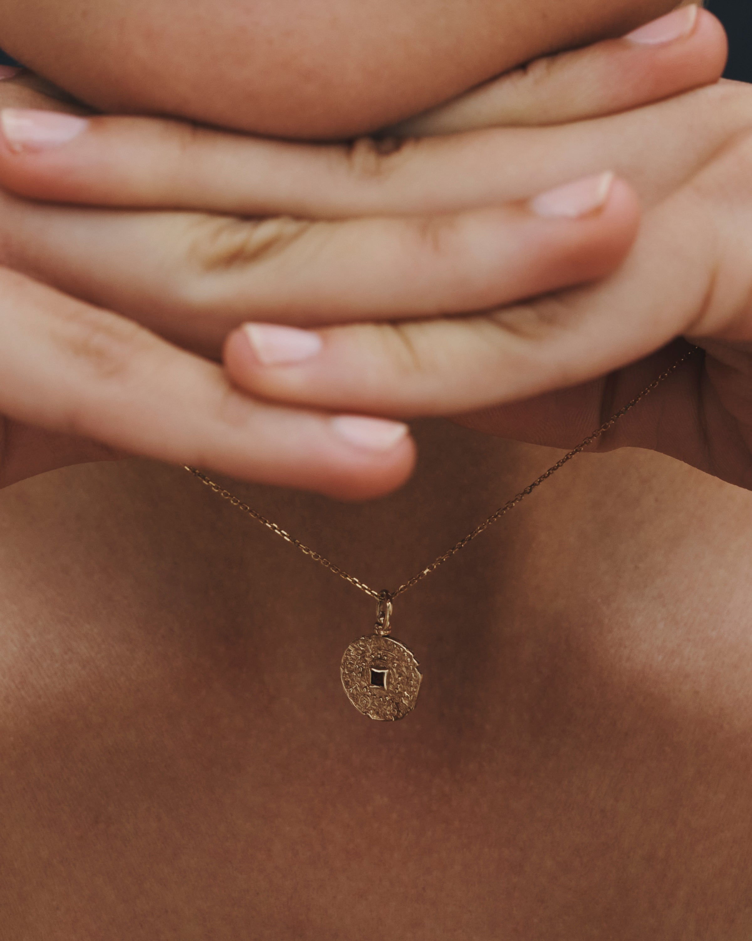 Temple of the Sun Atlantis Coin Necklace Garnet Solid Gold