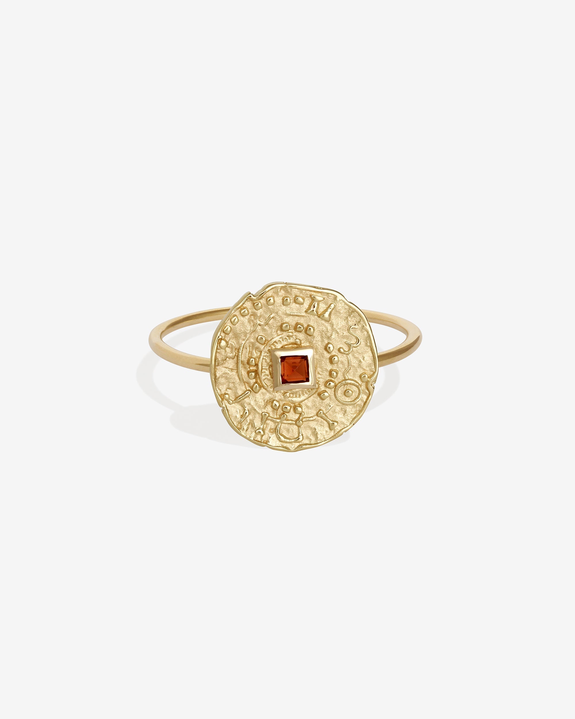 Temple of the Sun Atlantis Coin Ring Garnet Solid Gold