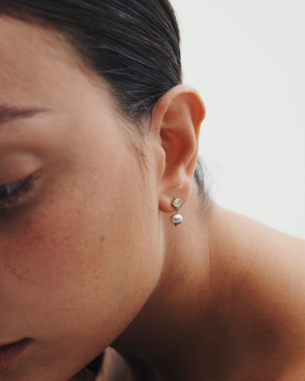 Mer Drop Earrings Pearl Diamond Solid Gold