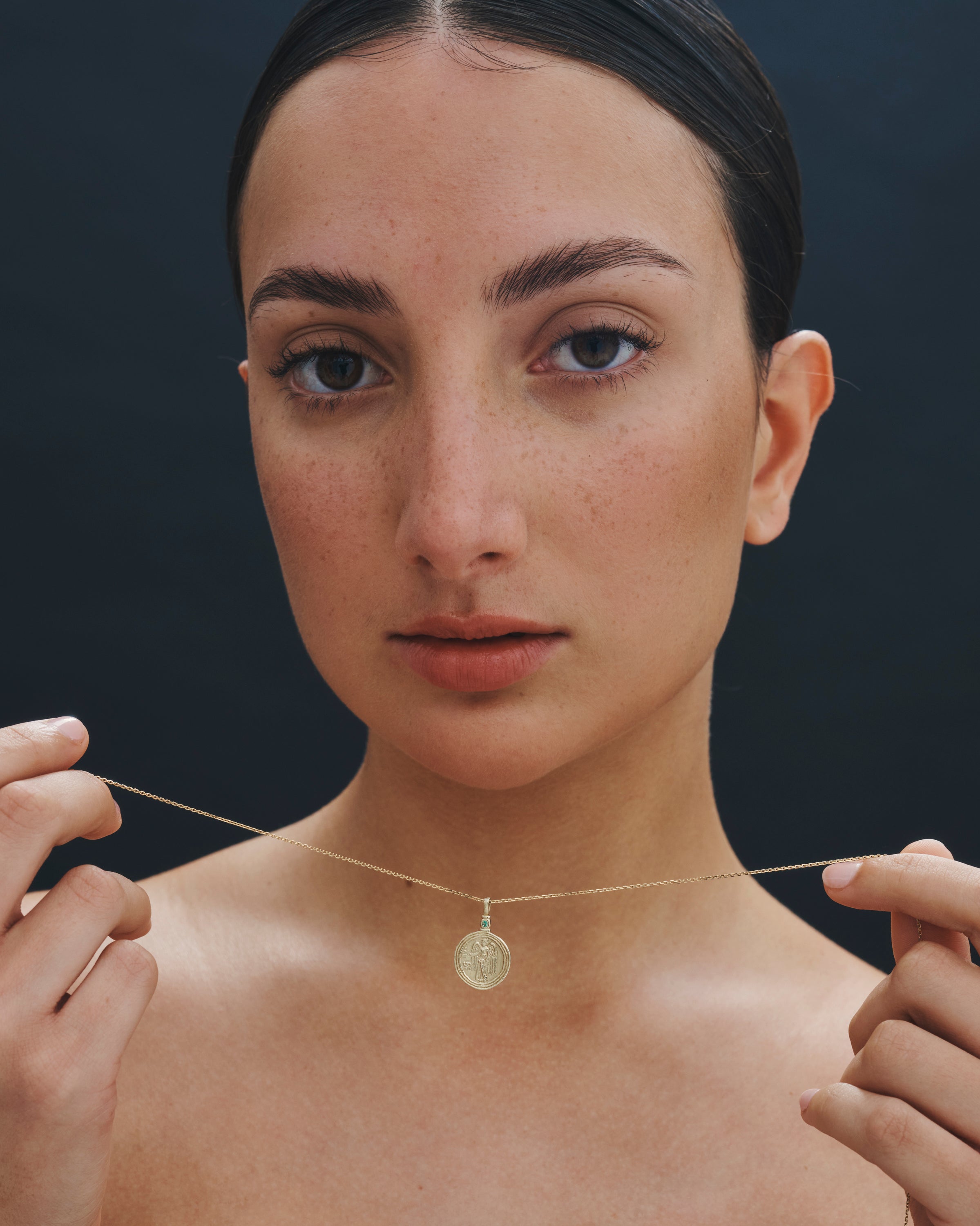 Temple of the Sun Serafina Coin Necklace Emerald Solid Gold